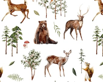 Woodland Animal Fabric, Cute Nursery Fabric with Bear, Deer, Forest, Cotton Fabric by the Yard