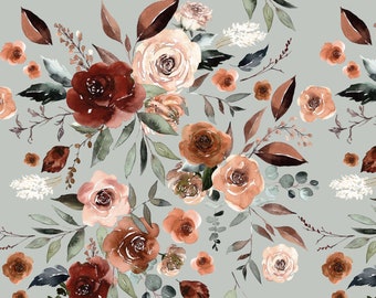 Dusty Fall Floral Fabric, Burgundy, Copper Sage Flowers, Cotton Fabric by the Yard