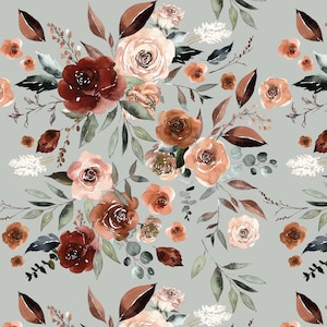 Dusty Fall Floral Fabric, Burgundy, Copper Sage Flowers, Cotton Fabric by the Yard