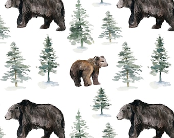 Woodland Bears Fabric, Cute Nursery Fabric Watercolor Forest Trees, Cotton Fabric by the Yard