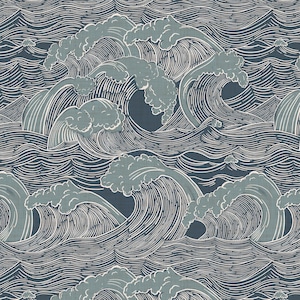 Ocean Waves Fabric, Coastal, Modern, Cotton, Sateen, Cotton Knit, Rib Knit, Thermal, Home Decor Fabric by the Yard