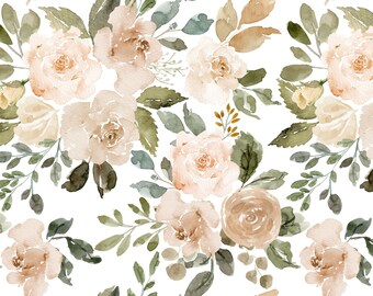 Earth Tone Florals, Watercolor Roses and Greenery, Muted, Wedding, Cotton Fabric by the Yard