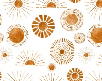 Golden Suns Fabric, Boho Watercolor Sun, Summer, Beach, Cotton, Sateen, Cotton Knit, Cotton Spandex, Home Decor Fabric by the Yard