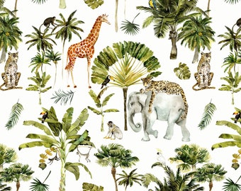 Safari Animal Fabric, Watercolor Giraffe and Elephant, Cotton Fabric by the Yard