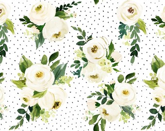 Rose Fabric by the Yard, Watercolor Roses Greenery Floral, Cream and Green Botanical, Girl Nursery, Cotton, Sateen Fabric by the Yard