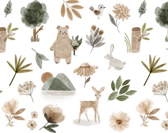 Woodland Animal Fabric, Cute Nursery Fabric with Bear, Deer and Rabbit and Botanicals, Cotton Fabric by the Yard