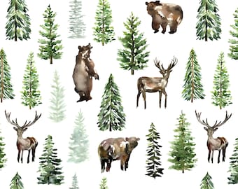 Watercolor Woodland Fabric, Bear, Deer and Forest Trees, Gender Neutral, Cotton Fabric by the Yard