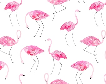 Pink Flamingo Fabric, Watercolor Flamingos, Tropical, Beach, Summer, Cotton Fabric by the Yard