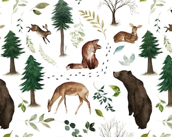 Woodland Forest Animals Fabric, Cotton Fabric by the Yard