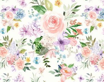 Spring Morning Florals Fabric, Pastel Floral, Watercolor Blush and Baby Blue, Cotton Fabric by the Yard