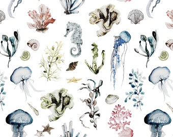 Jellyfish Fabric, Oceana, Sea Life Creatures, Coral, Nautical, Cotton Fabric by the Yard