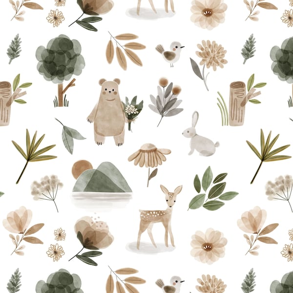 Woodland Animal Fabric - Cute Nursery Fabric with Bear, Deer and Rabbit and Botanicals - Kona Cotton for Quilting and Organic Knit Options