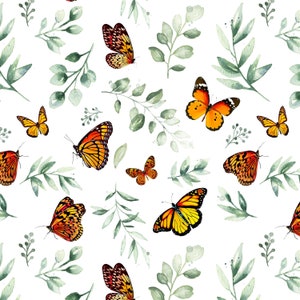 Monarch Butterflies Fabric, Butterfly and Botanical Leaves, Garden, Kona Cotton, Sateen, Cotton Knit, Cotton Spandex Fabric by the Yard