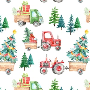 Cute Christmas Fabric by the Yard,  Farm Tractor Parade, Trucks, Childrens Fabric, Cotton Fabric by the Yard