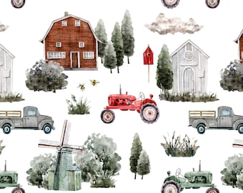Vintage Farm Fabric, Tractors, Barn, Children's Fabric, Cotton Fabric by the Yard