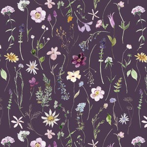Plum Floral Fabric, Wildflower Flowers, Summer Garden, Quilting Cotton, Sateen, Cotton Knit, Home Decor Fabric by the Yard