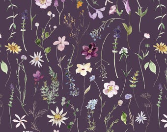 Plum Floral Fabric, Wildflower Flowers, Summer Garden, Quilting Cotton, Sateen, Cotton Knit, Home Decor Fabric by the Yard