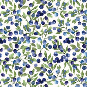 Cute Blueberry Fabric, Watercolor Summer Fruit, Cotton Fabric by the Yard