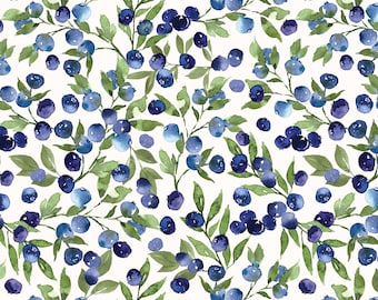 Cute Blueberry Fabric, Watercolor Summer Fruit, Cotton Fabric by the Yard
