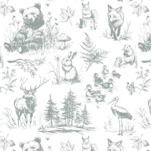 K&ouml;nnte beinhalten: Ein nahtloses Muster mit verschiedenen Waldtieren, darunter ein B&auml;r, ein Fuchs, ein Hirsch, ein Kaninchen, ein Eichh&ouml;rnchen und V&ouml;gel. Das Muster ist in Schwarzwei&szlig;-Skizzenstil auf wei&szlig;em Hintergrund gezeichnet.