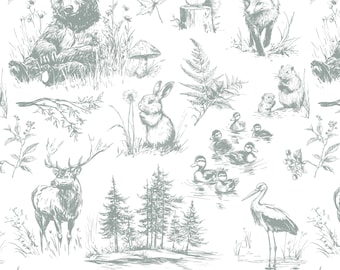 May include: A seamless pattern featuring a variety of woodland creatures, including a bear, fox, deer, rabbit, squirrel, and birds. The pattern is drawn in a black and white sketch style on a white background.
