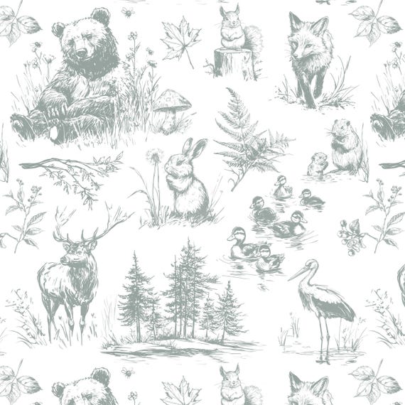Woodland Toile Fabric, Sketch Marsh Woods, Bear, Deer, Rabbit, Sage Gray, Cotton Fabric by the Yard