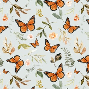 Monarch Butterfly and Floral Fabric - Watercolor Butterflies and Leaves, Garden, Cotton, Sateen, Cotton Knit, Home Decor Fabric by the Yard