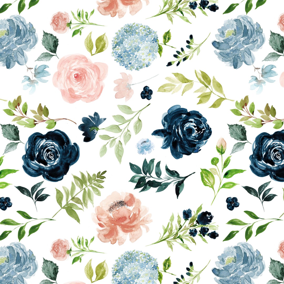 Navy and Blush Floral Fabric, Blue and Pink Rose and Hydrangea ...