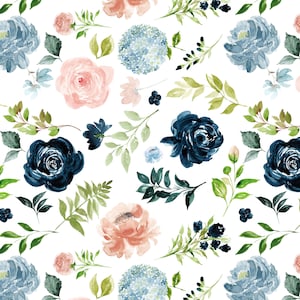 Navy and Blush Floral Fabric, Blue and Pink Rose and Hydrangea, Grandmillenial, Girl Nursery, Cotton Fabric by the Yard