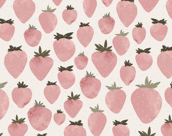 Pink Strawberries Fabric, Cute Fruit, Blush, Berries, Kona Cotton, Sateen, Organic Knit, Rib Knit, Linen Cotton Canvas Fabric by the Yard