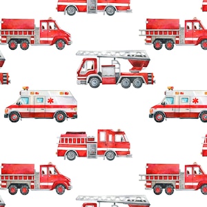 May include: A seamless pattern featuring red fire trucks with ladders, ambulances, and other emergency vehicles. The trucks are illustrated in a watercolor style on a white background.