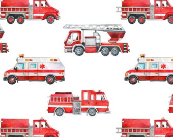 Firetruck Fabric, Watercolor Firetrucks and Ambulance, Cotton, Sateen, Cotton Knit, Cotton Spandex, Linen Cotton Canvas Fabric by the Yard