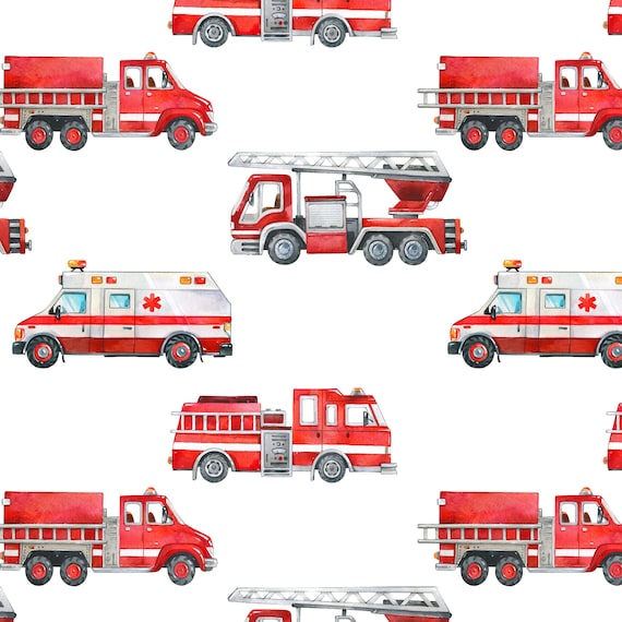Firetruck Fabric, Watercolor Firetrucks and Ambulance, Cotton, Sateen, Cotton Knit, Cotton Spandex, Linen Cotton Canvas Fabric by the Yard