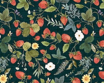 Strawberry Garden, Watercolor Fruit, Summer, Berry, Cotton Fabric by the Yard