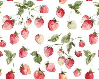 Wild Strawberries Fabric, Watercolor Fruit, Picnic, Kona Cotton, Sateen, Organic Knit, Rib Knit, Linen Cotton Canvas Fabric by the Yard
