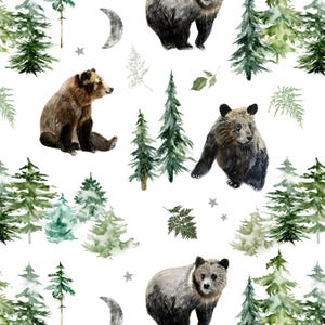 Cute Bears Fabric, Woodland Bears, Trees and Moon, Forest, Woods, Cotton Fabric by the Yard