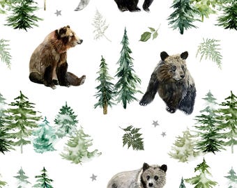 Cute Bears Fabric, Woodland Bears, Trees and Moon, Forest, Woods, Cotton Fabric by the Yard