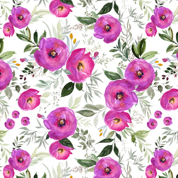 Berry Watercolor Florals Fabric by the Yard - Magenta and Sage Flowers - Kona Cotton and Various Organic Knit Fabrics