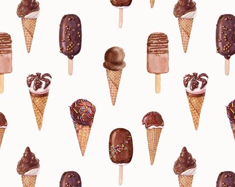 Chocolate Ice Cream Fabric, Watercolor, Dessert, Sprinkles, Cotton Fabric by the Yard