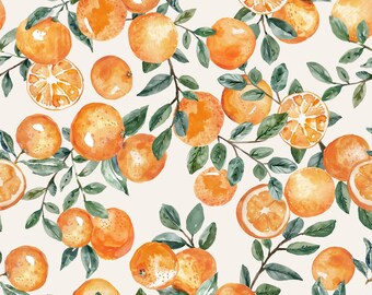 Watercolor Oranges Fabric, Summer Fruit, Cuties, Botanical, Cotton Fabric by the Yard