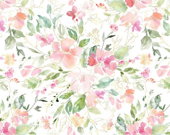 Pink Floral Fabric, Light Pastel Flowers, Girl Nursery, Cotton Fabric by the Yard