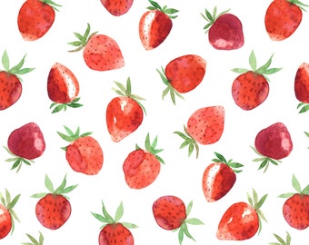 Red Strawberry Fabric, Watercolor Strawberries, Fruit, Summer, Cotton Fabric by the Yard