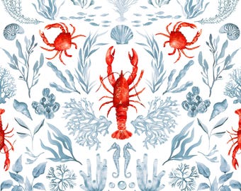 Beach House Coastal Fabric, Watercolor Lobster, Crabs and Coral, Nautical, Cotton Fabric by the Yard