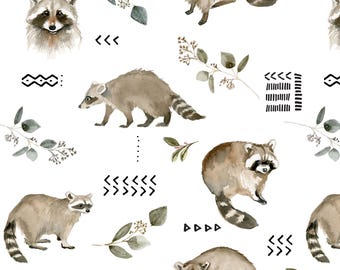 Raccoon Animal Fabric, Forest, Woods, Animal Print, Cotton Fabric by the Yard
