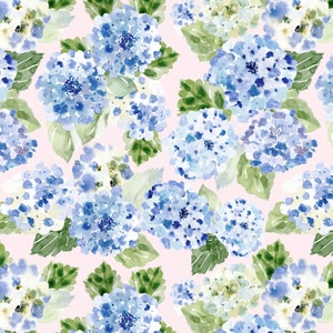 Hydrangea Watercolor Floral Fabric, Cottage Garden, Cotton, Sateen, Cotton Knit, Cotton Spandex, Linen Cotton Canvas Fabric by the Yard