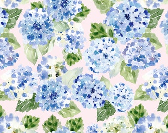 Hydrangea Watercolor Floral Fabric, Cottage Garden, Cotton, Sateen, Cotton Knit, Cotton Spandex, Linen Cotton Canvas Fabric by the Yard