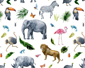 Safari Animal Fabric, Elephant, Lion, Zoo, Baby Nursery, Cotton Fabric by the Yard