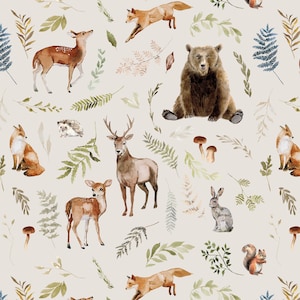 Woodland Critters Fabric, Forest Animal Print, Gender Neutral, Woods, Cotton Fabric by the Yard