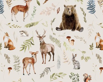 Woodland Critters Fabric, Forest Animal Print, Gender Neutral, Woods, Cotton Fabric by the Yard