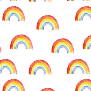 Watercolor Rainbow Fabric, Colorful Rainbows, Sun, Kona Cotton, Sateen, Cotton Knit, Rib Knit, Cotton Spandex Fabric by the Yard
